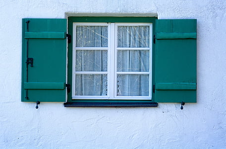 vinduet, gamle, folding skodder, lukkeren, atmosfære, våningshus, fasade