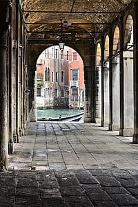 Venezia, gjengen, arkader, vann, historisk, fasade, søyle