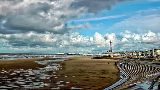 Blackpool, mar, cais, praia, nuvens, areia, água