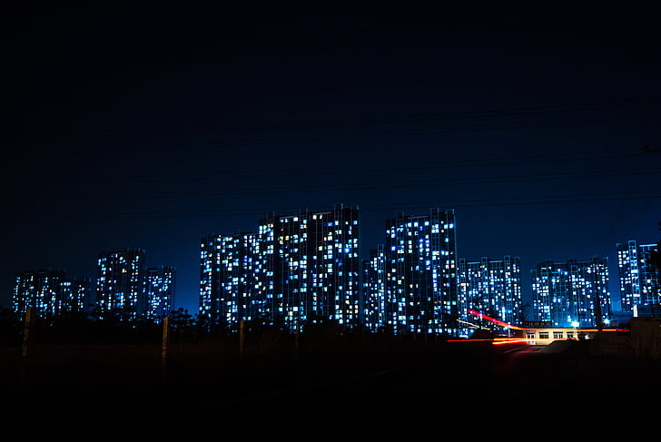 град, сгради, през нощта, нощ, осветени, градски пейзаж, изграждане на екстериора