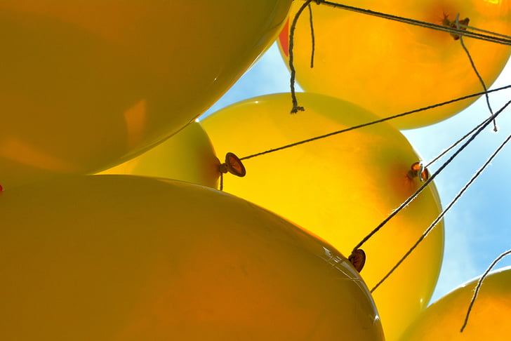 yellow balloons, up high, tied with string, yellow