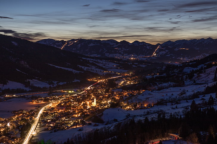 blue hour, night photograph, winter, mountains, bad hindelang, ostrachtal, allgäu