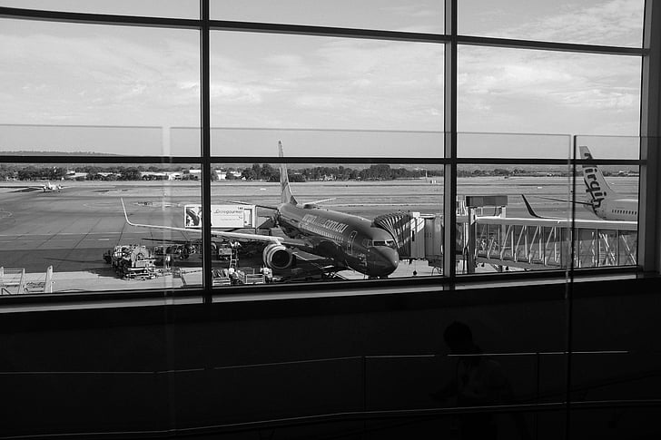 harmaasävy, kuva, lentokone, lähellä kohdetta:, lentokenttä, kone, musta ja valkoinen