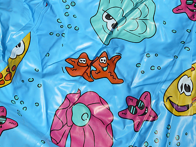 envoltura de plástico, figuras cómicas, gracioso, impreso, estrella de mar, cáscara, azul