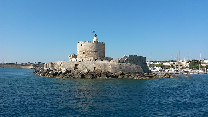 greece, rhodes, island, sea, blue sky, fort, water