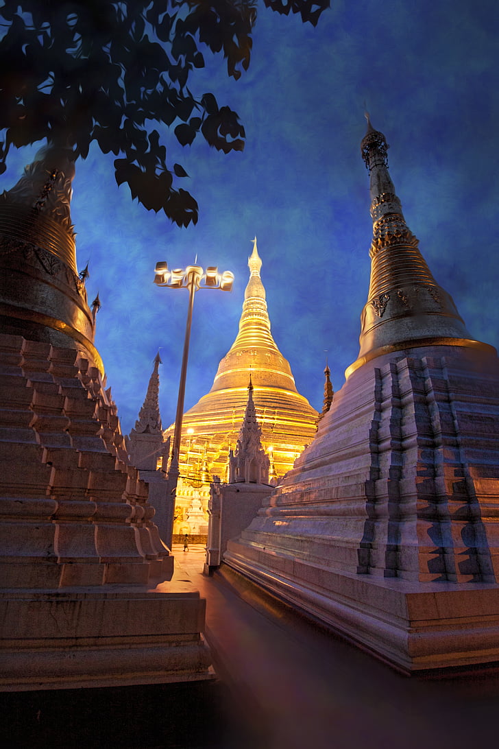 Myanmar, Shwedagon, templet på natten, Pagoda