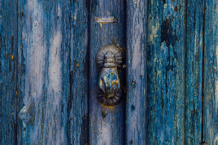 old door, wooden, blue, knocker, aged, rusty, weathered