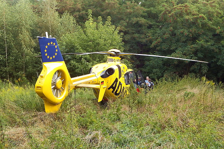 helicopter, rescue, adac air rescue, rescue helicopter, ambulance helicopter, forest, glade