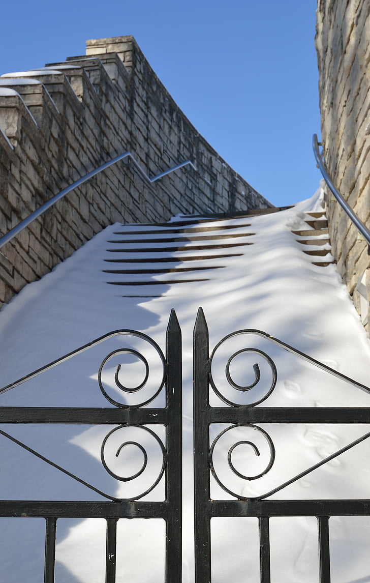 stairs, gate, iron gate, snow, winter, season, architecture