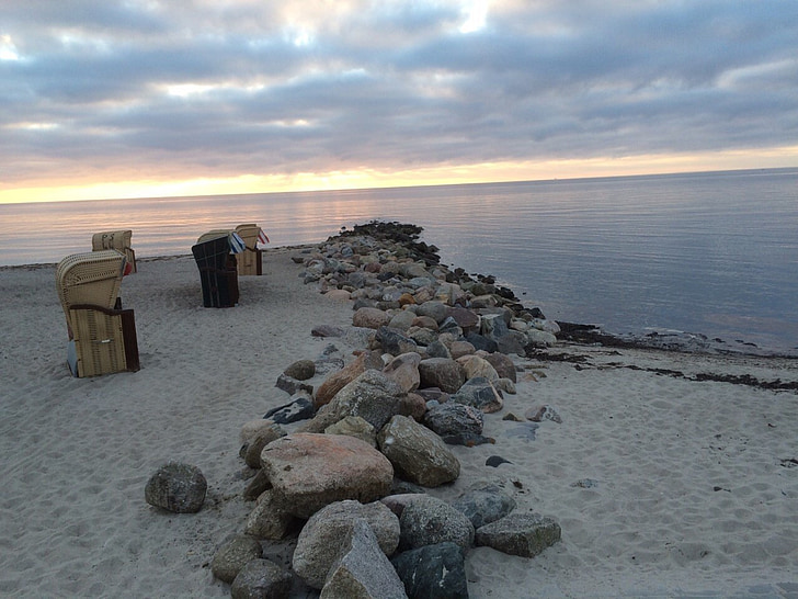 Beach, Plážová stolička, piesok, západ slnka, kamene, more, pobrežie