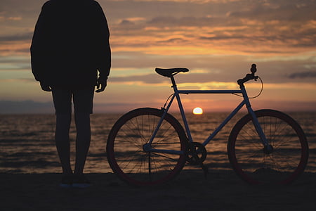 person, stående, stranden, Titta på, solnedgång, siluett, Foto
