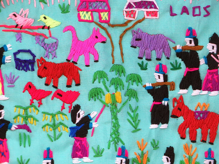 laos, folk art, embroidery, silk industry, characters, local stories, canvas