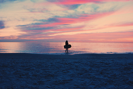 solnedgång, skymning, stranden, Sand, siluett, Ocean, havet