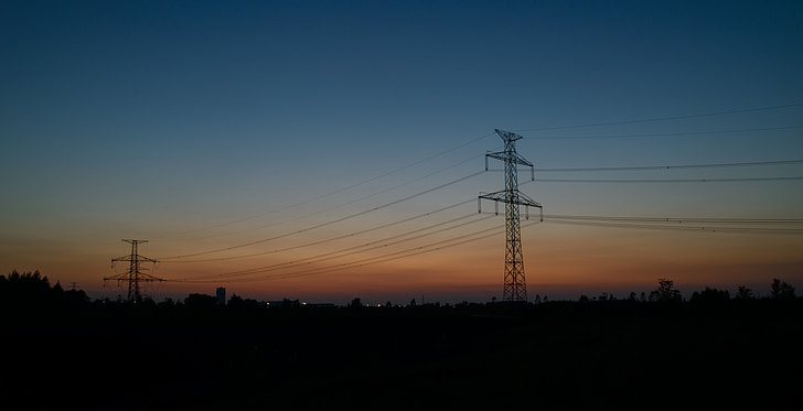 landscape, sunset, electric poles, blue sky, silhouettes, summer