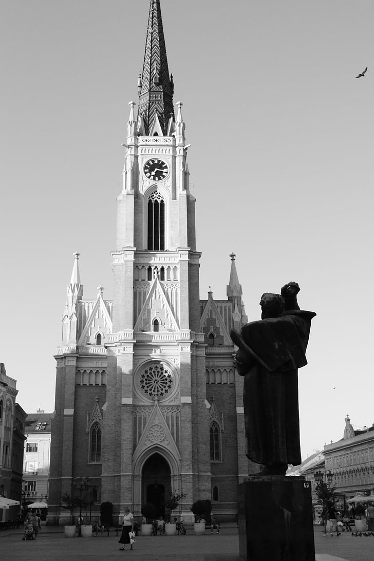 novi sad, Serbia, Iglesia, estatua de, blanco y negro, arquitectura, Catedral