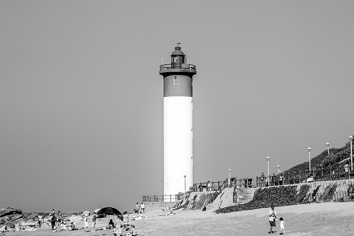 durban-Umhlanga, Beach, tenger, tengerpart, Durban, világítótorony, fekete-fehér