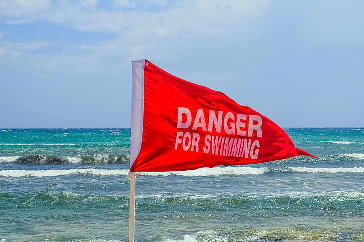 赤い旗, 警告, 危険, 荒れた海, 注意, ビーチ, 風