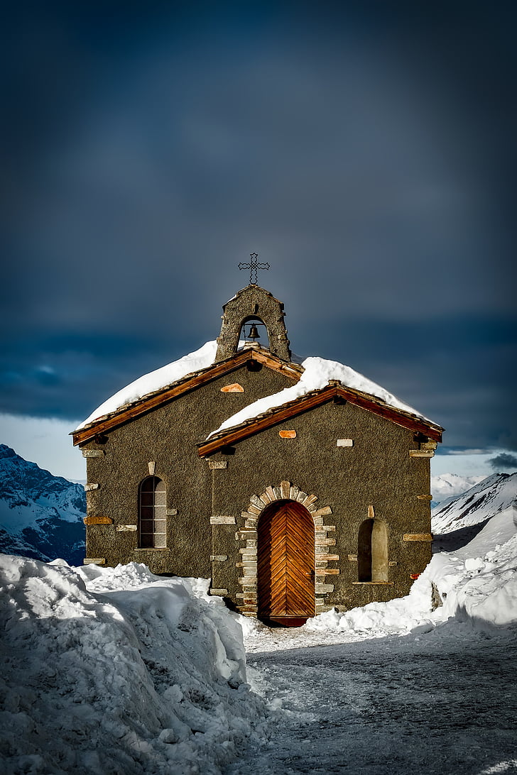 Iglesia, Suiza, antiguo, punto de referencia, invierno, nieve, paisaje