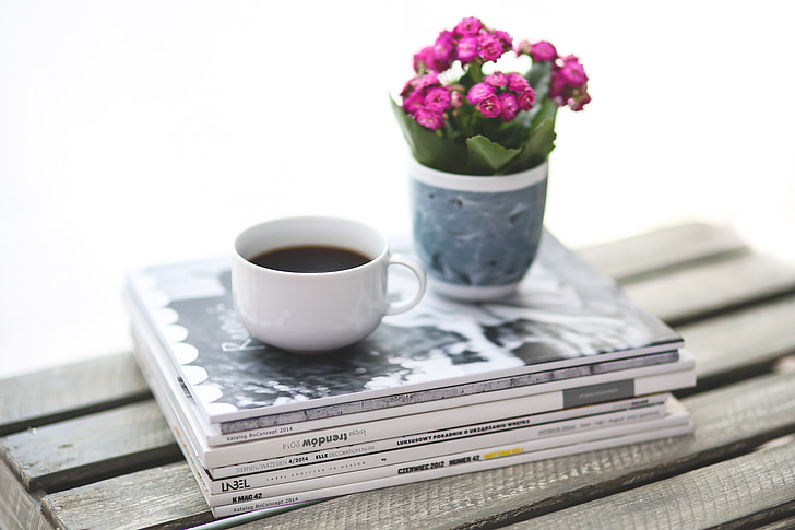 stack, newspaper, magazine, coffee, flower, kalanchoe, pink