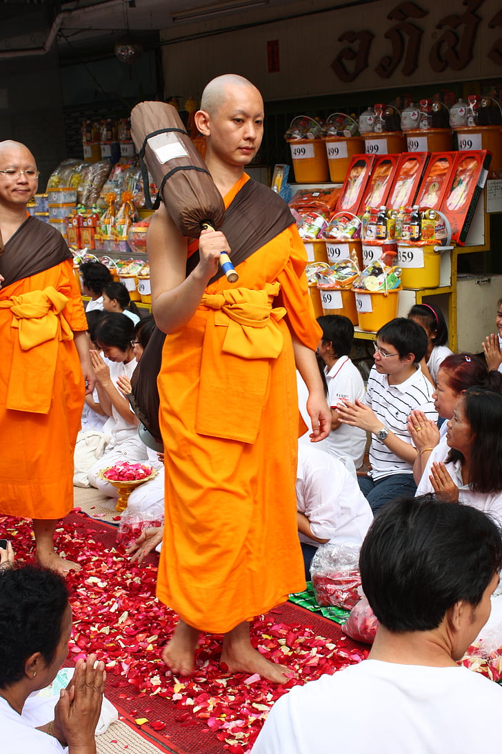 keşiş, Budistler keşiş, yürüyüş, gül yaprakları, Tayland, WAT, Phra dhammakaya