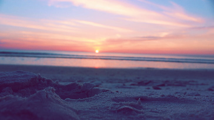 Pantai, pasir, matahari terbenam, senja, laut, laut, cakrawala