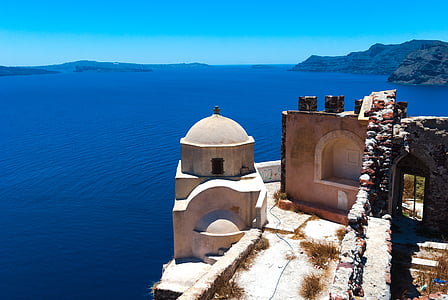 Grecja, Santorini, Słońce, wakacje, chmury, niebo, krajobraz