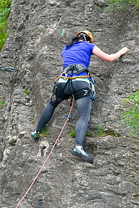 escalador, coratge, pujar, augment, corda d'escalada, cinturó d'escalada, dona