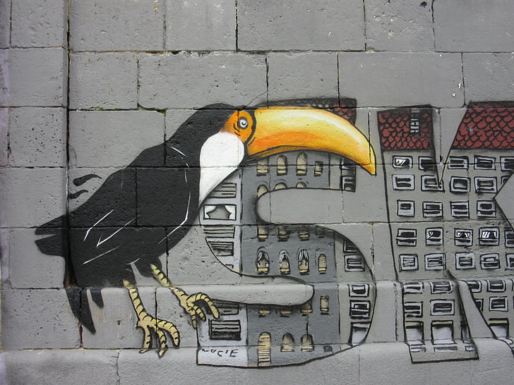 toucan, graffiti, wall, art, colorful, sprayer, bird