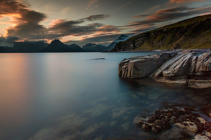 grey, black, cliff, near, sea, water, sky