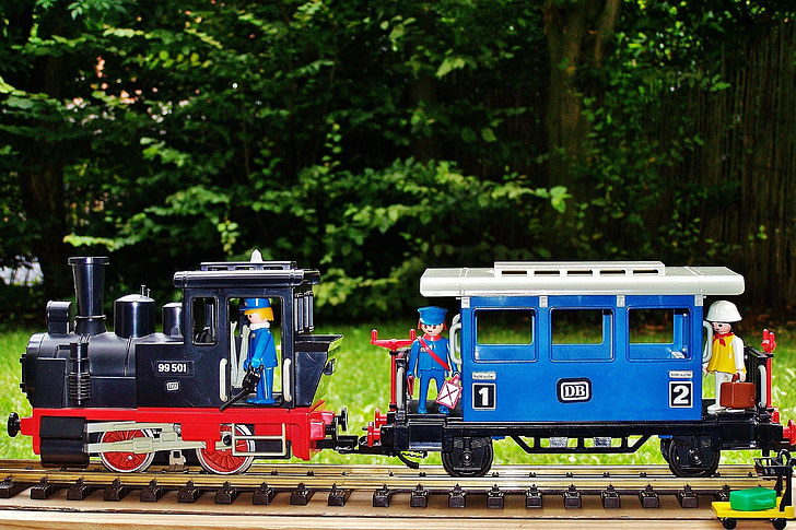 Playmobil, kereta api, lokomotif uap, mobil penumpang, mainan, anak-anak