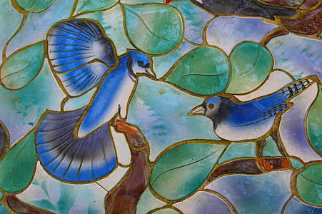 glas, konst, fönster, fåglar, blå, mosaik, färgglada