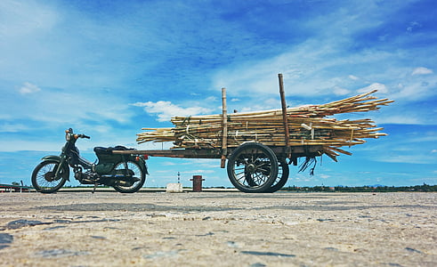 transportes, moto, reboque, bambu, carregado, completo, bicicleta