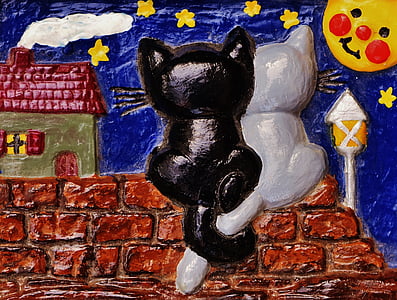 Relief, gipsowe, pracy ręcznej, Kot, Księżyc, siedzieć, ściana