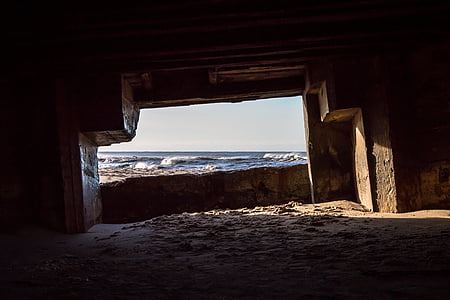 bunker, tenger, homok, óceán, nap, dán nyugati partján, Dánia