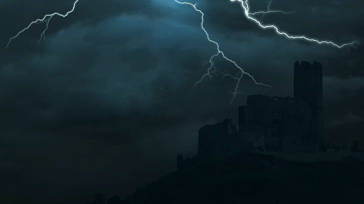 castle, clouds, storm, thunderstorm, flashes, skull, creepy