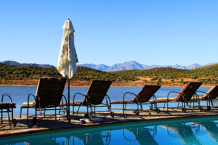 south africa, klein karoo, parasol, pool, deck chair, sky, panorama