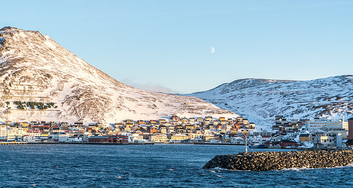 Νορβηγία, βουνό, Χόνινγκσβαγκ:, Ακτή, αρχιτεκτονική, χιόνι, ουρανός