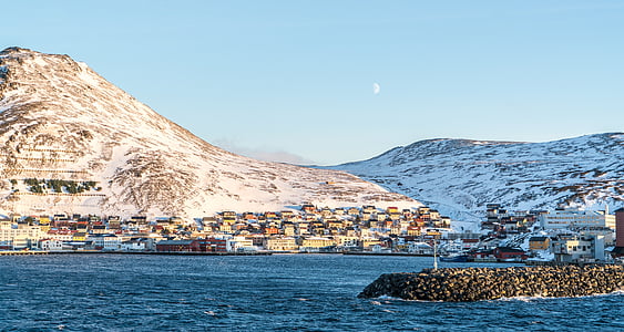 Норвегія, Гора, honningsvag, узбережжя, Архітектура, сніг, небо