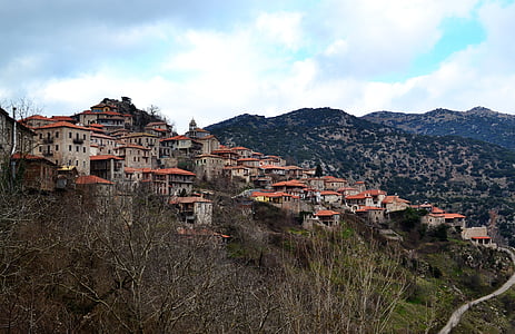 panorama de aldeia de montanha, Grécia, Dimitsana, paisagem, vila, Grego, montanha