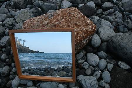 māksla, spogulis, ūdens, jūra, krasts, apskate, pludmale
