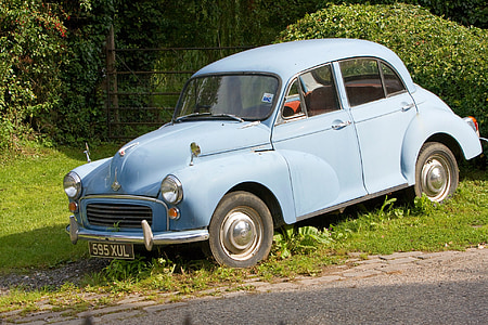 vintage, car, morris minor, blue, old, vintage car, automobile