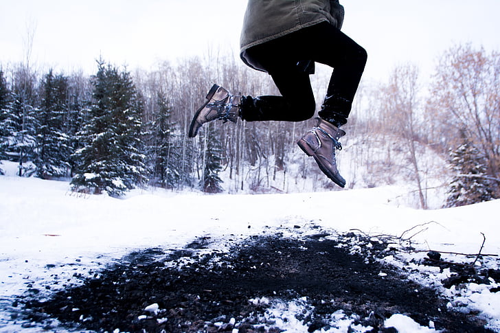 persoon, springen, sneeuw, dag, tijd, sprong, -stap-springen
