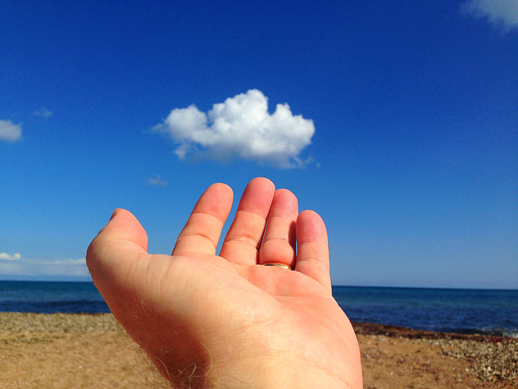 hand, hemel, wolk, zee, zand, strand, natuur