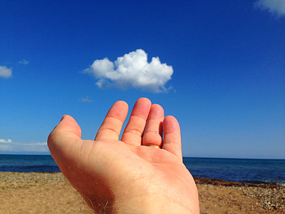 hand, sky, cloud, sea, sand, beach, nature