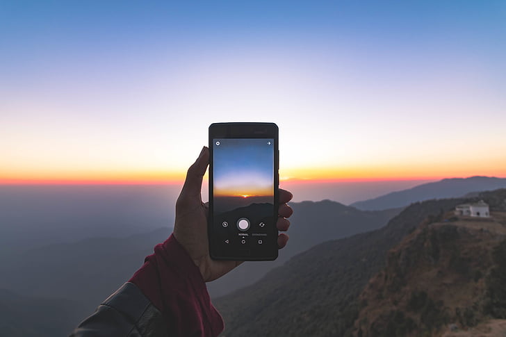 cellphone, mobile, touchscreen, hand, mountains, view, landscape