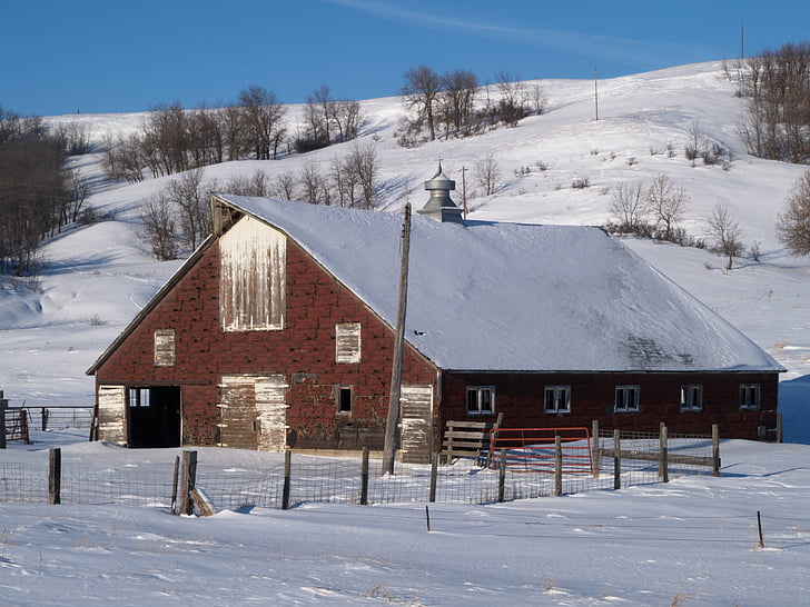 winter, barn, snow, rural, landscape