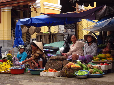 시장, 여자, 베트남, 전통적인, 거리, 다채로운, 베트남어