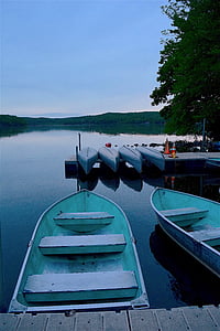 row boat, canoes, dock, lake, reflection, water, nature