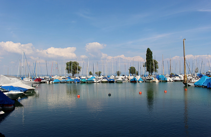 Puerto, las naves, Lago de Constanza, Color, cielo, nubes, Romanshorn