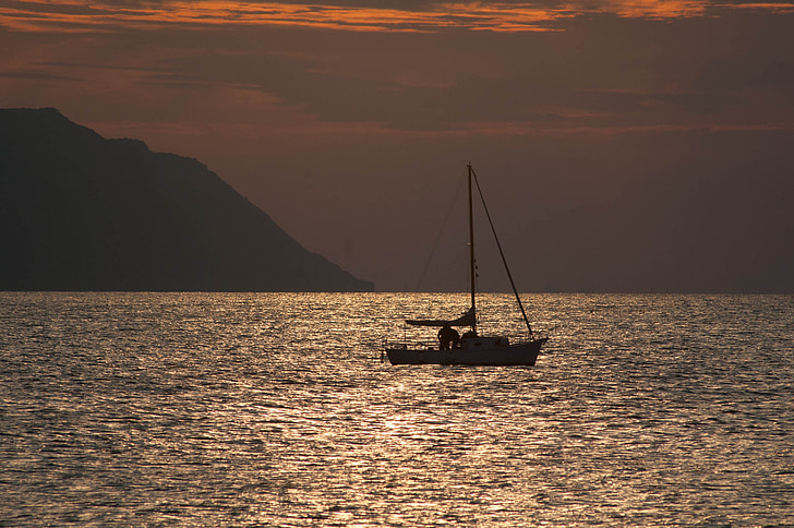 stillhet, lugnt, ensamhet, solnedgång, havet, segelbåt
